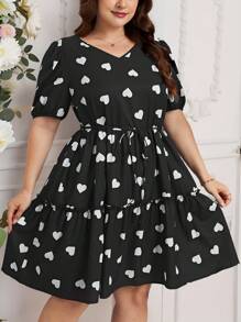 SHEIN Clasi Plus-Size Elegant Love Print Valentine's Day Puffy Sleeve Heart Print Dress, Summer Outfits For Women