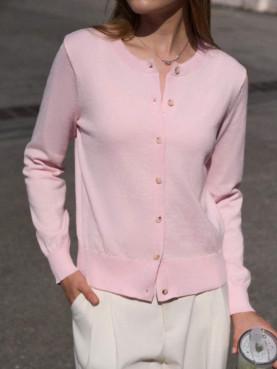 Jouncy Solid Color Single Breasted Long Sleeve Knitted Cardigan, Versatile Sweater For Women Fall Winter Cloth For Women - Pink - View 1