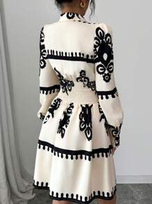 Elenzga Casual Long Sleeve Printed Waist Cinched Dress For Women Fall Cloth For Women - Apricot - View 2