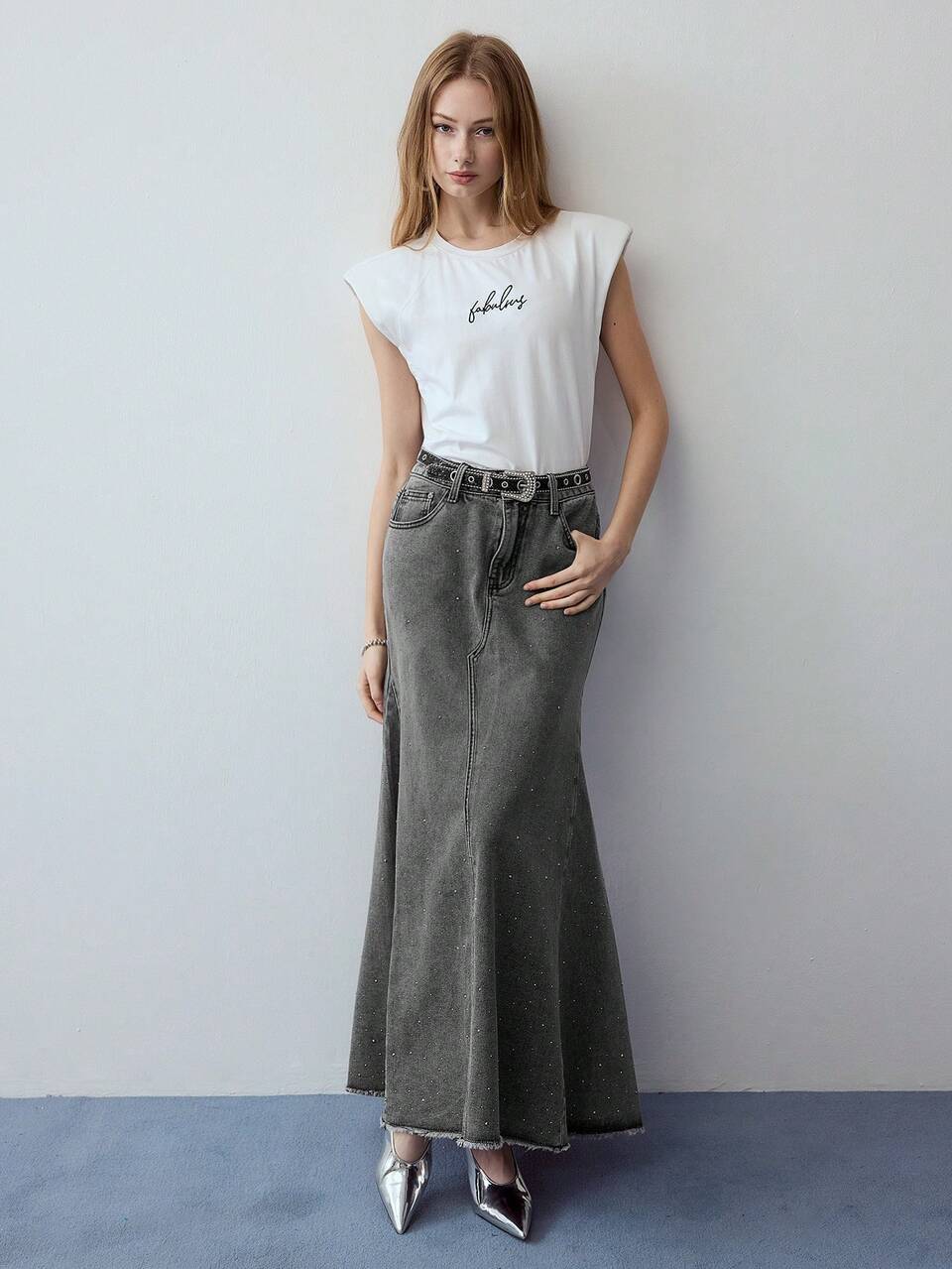 MOTF STUDIO RHINESTONE DETAIL BIAS CUT DENIM SKIRT