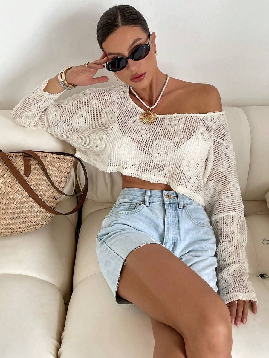 SHEIN Essnce 女士纯色长袖休闲镂空透明衬衫 - 白色 - 查看 1