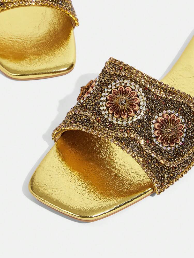 CUCCOO TILAWA Women's Crystal & Bead Decor Metallic Brass Tone Square Toe Flat Mule Sandals Spring Shoes Spring Break Easter