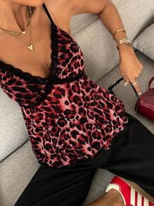 SHEIN Frenchy 女士时尚豹纹蕾丝边吊带背心