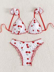 Swim Mod Women's Cherry Print Frill Trim Sexy Bikini Set, Vacation, For Summer Beach - Multicolor - View 3