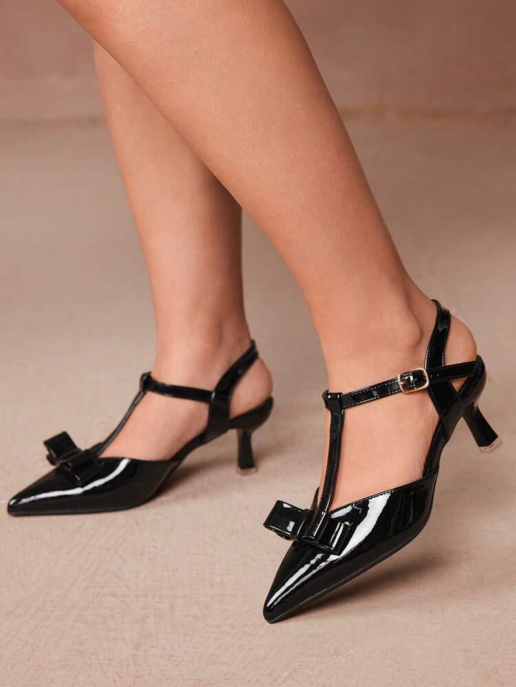 CUCCOO CURVES Plus Size Wide Fitting Pointed Toe High Heel Elegant Black T-Strap Hollow Butterfly Sandals, All Season Spring Shoes Spring Break Easter