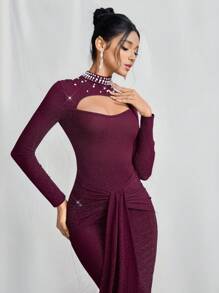 SHEIN Belle Women Knitted Hollow Beaded Waist Ruched Evening Dress, Formal Occasion, Wedding Guest Dress For Music Festival Spring/Summer, Party Dress - Purple - View 5