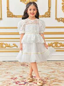 SHEIN Leap Crew Young Girl Gorgeous 3D Floral Lace Trim Decor Round Neck Mesh Overlay Dress - White - View 6