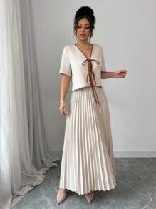 Modelyn Women Elegant Woven Colorblock Short Sleeve Tie Front 2 Pieces Set - Apricot - View 4