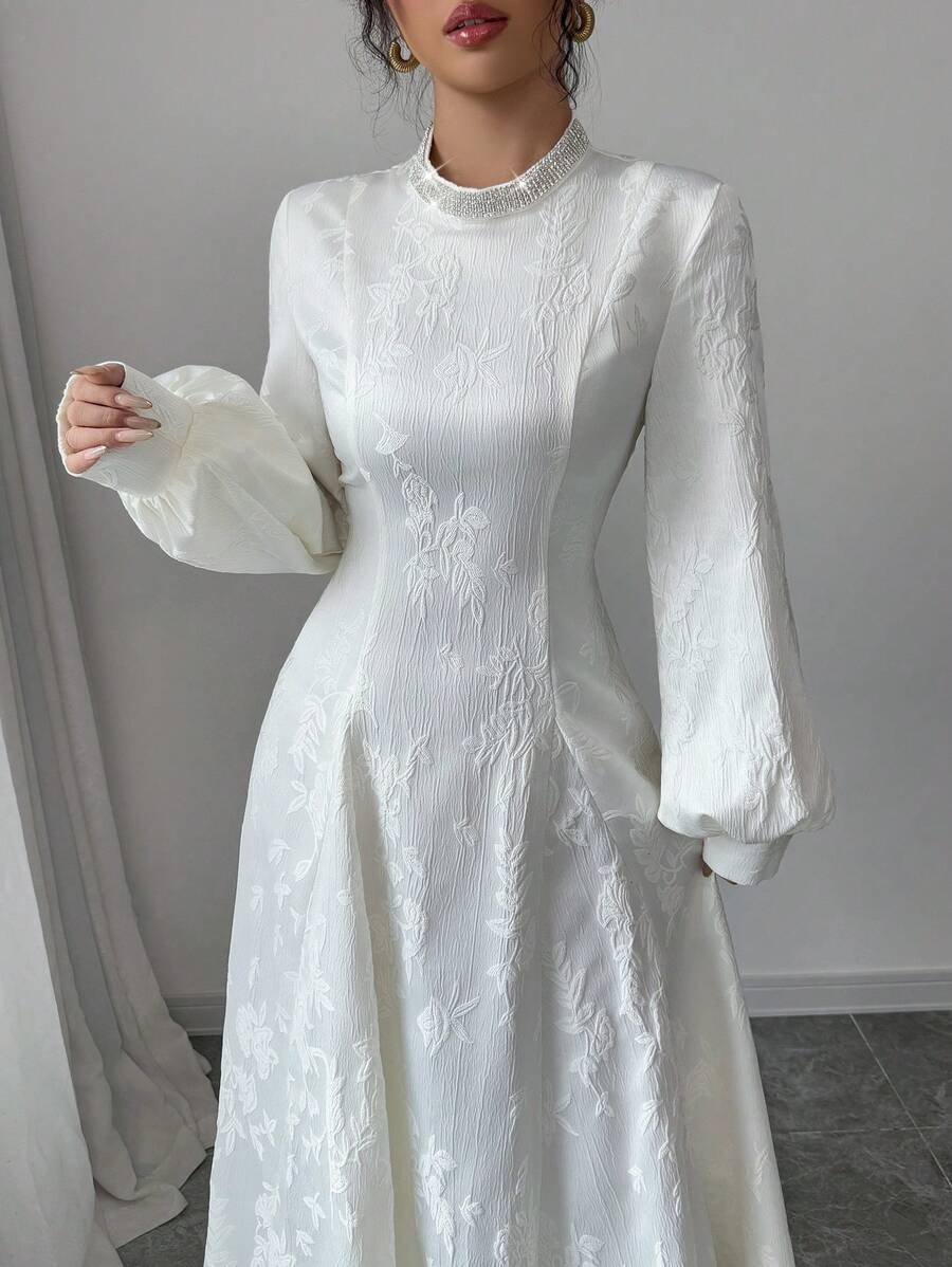 Modelyn 女士优雅 A 字腰链提花编织连衣裙 - 杏色 - 查看 1