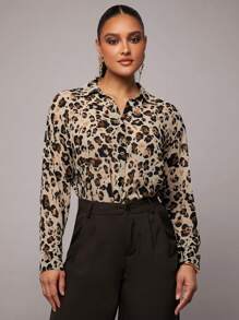 Silquee 女士性感通勤办公室优雅透明雪纺长袖领扣豹纹动物印花长袖衬衫，适合日常、夜间外出、派对、舞会、工作、女孩聚会、春季穿着、四季半透明雪纺衬衫 - 巧克力棕 - 查看 5