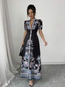 Elenzga Women's 2025 New Elegant & Sexy Deep V-Neck Fitted Long Dress - Black - View 6