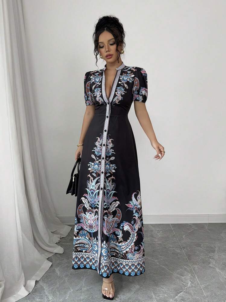 Elenzga 女式 2025 新款优雅性感深 V 领修身长裙 - 黑色 - 查看 6