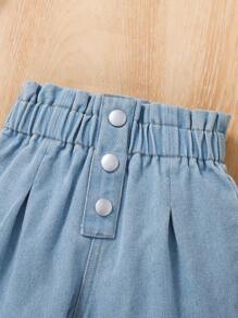 Baby Girl Floral Print Button-Front Top And Long Pants Set, Minimalist Style - Light Wash - View 6