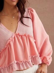 WESTFADE 西部混合材质针织与编织 V 领娃娃装长袖女牛仔上衣 - 粉色 - 查看 5