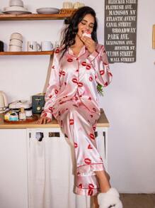 Imitation Silk Lips & Heart Pattern Cardigan & Pants Valentine's Day Pajama Set - Multicolor - View 7