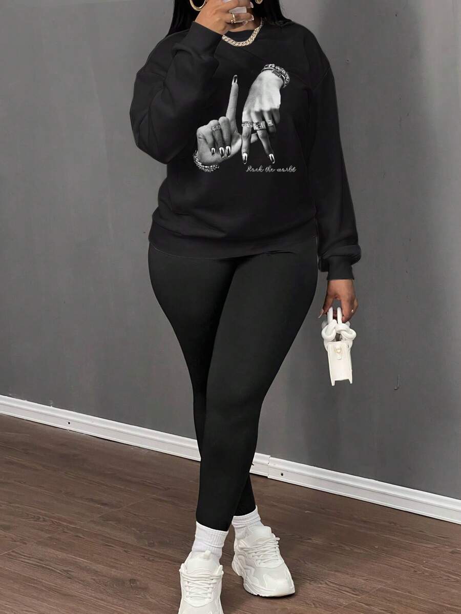 Slaydiva Plus Size Gesture Print Sweatshirt & Leggings 2Pcs Set