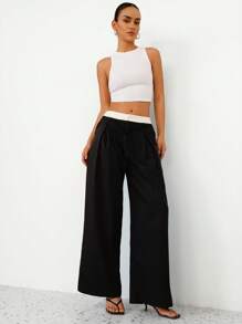 Femmeiva Pantalon ample décontracté à jambes larges et longueur extra-longue, avec plis et nœud à la taille. Design simple et élégant en couleur contrastée, polyvalent pour les déplacements - Noir - Voir 5