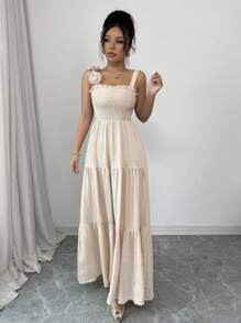 Elenzga Vestido elegante de dama con volantes en el frente, plisado y de unicolor - Albaricoque - Ver 4