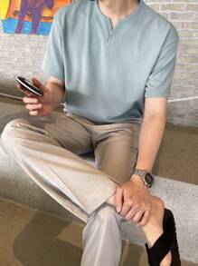 DAZY Camiseta de cuello en pico para hombres, ropa de otoño - Neblina azul - Ver 4