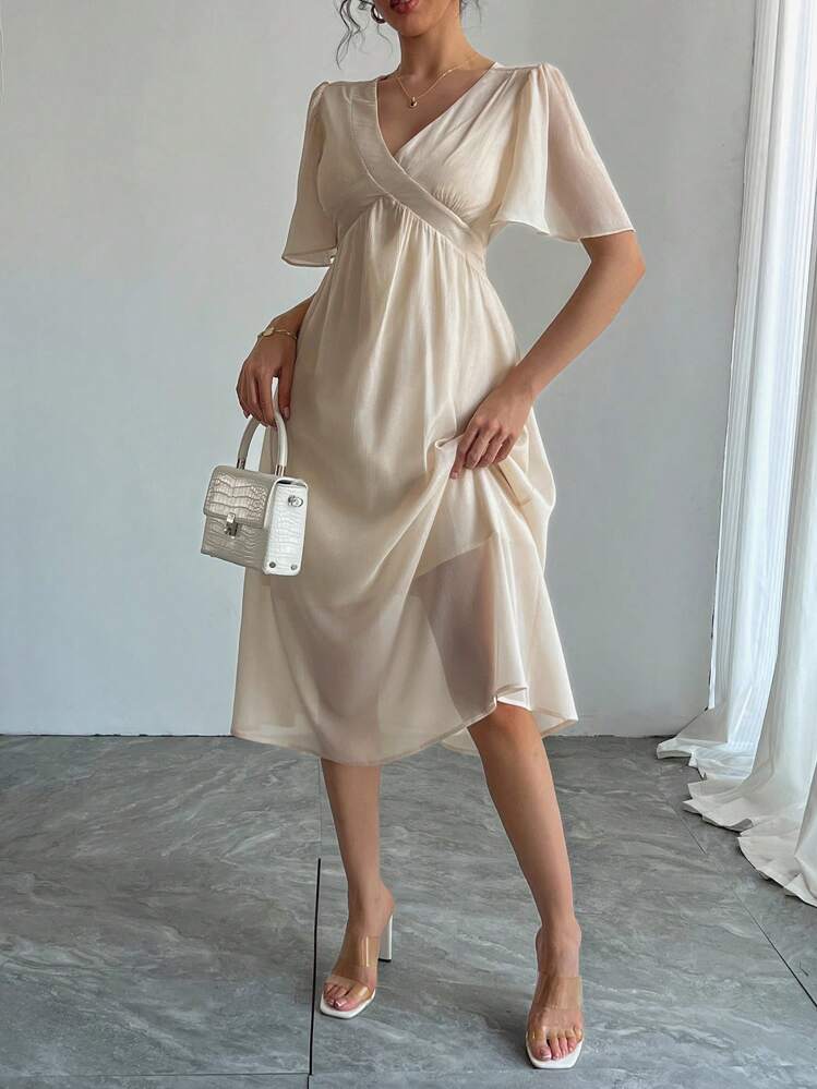 DAZY Women Deep V-Neck Patchwork Waist Solid Chiffon Dress, Suitable For Dates & Night Wear Prom Dress Maxi Dress - Apricot - View 5