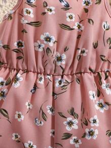 SHEIN 女婴可爱花卉印花吊带连体衣，休闲装，适合度假和购物，春夏季 - 黑色 - 查看 5