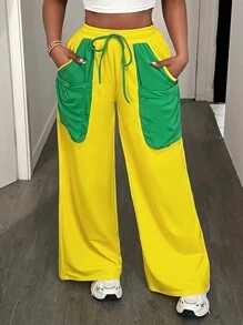 BamGleam Women's Casual Contrast Color Patchwork Front Tie Large Pocket Sweatpants Fall Cloth For Women