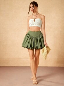 Christian Allana Designer Cute Saga Green Solid V- Inset Detail Pleats Bubble Hem Women Mini Skirt Festival,Boho,Bohemian, Summer,Beach For Women,Concert,Elegant,Vacation