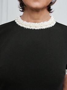 Miaspire 女士休闲串珠带领设计圆领短袖黑色迷你连衣裙，春夏日常穿着 - 黑色 - 查看 7