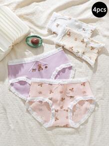 4pcs/Pack Tween Girl Cute Bear & Bow Pattern Comfortable Briefs - Multicolor - View 1