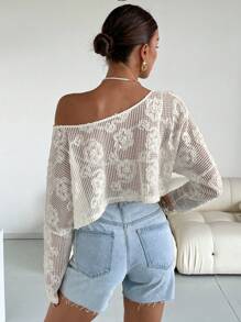 SHEIN Essnce 女士纯色长袖休闲镂空透明衬衫 - 白色 - 查看 3