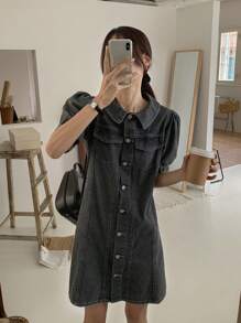 FRIFUL Abito di jeans casual da donna con maniche a palloncino e bottoni sul davanti, abito estivo