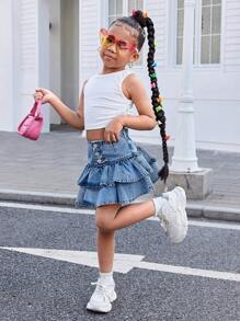 SHEIN Young Girl Denim Ruffle Hem A-Line Skirt,Kid Girls Spring And Summer Casual Vacation Country Boho Wear, Beach Outfits For Kid Girls