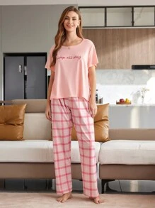 女士休闲圆领短袖上衣和长裤家居服套装 - 彩色 - 查看 7