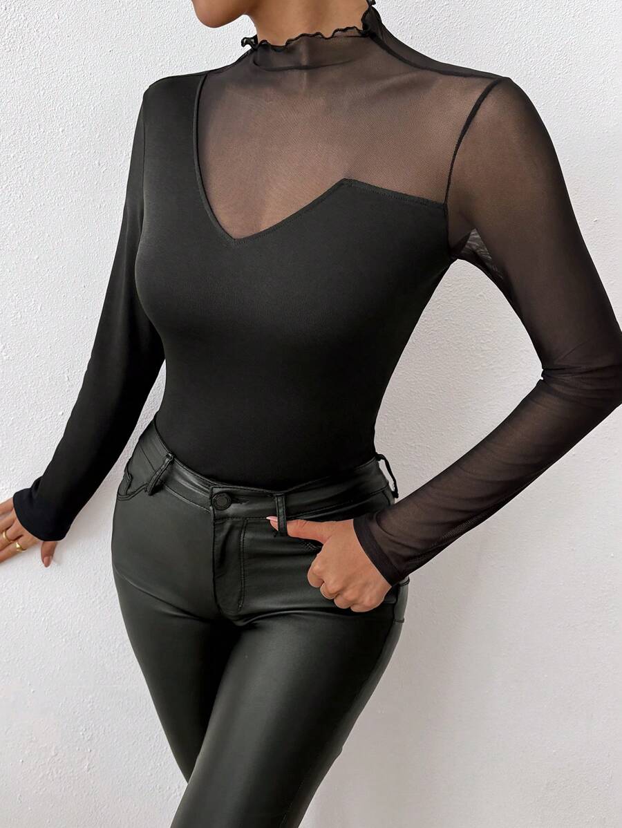 Chiquease Áo thun nữ cổ đứng tay dài lưới bất đối xứng - màu đen - Xem 1