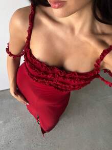 Aloruh 女士优雅纯色酒红色复古性感荷叶边细肩带连衣裙，适合约会、下午茶、舞会、派对、情人节、情人节服装、女士连衣裙、优雅连衣裙、女士节日服装、女士夏季服装、女士红色连衣裙、女士生日连衣裙 - 紅色 - 查看 1