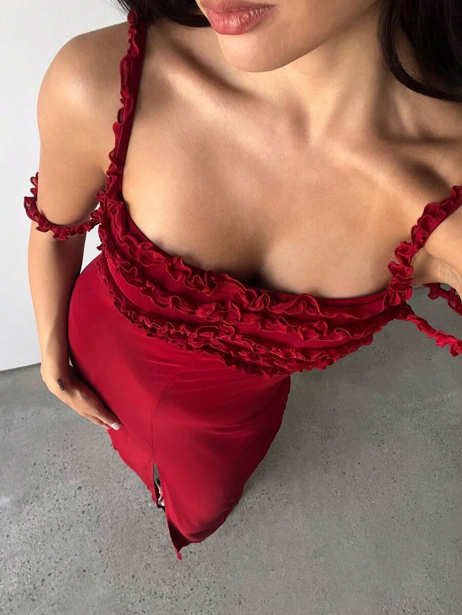 Aloruh 女士优雅纯色酒红色复古性感荷叶边细肩带连衣裙，适合约会、下午茶、舞会、派对、情人节、情人节服装、女士连衣裙、优雅连衣裙、女士节日服装、女士夏季服装、女士红色连衣裙、女士生日连衣裙 - 紅色 - 查看 1