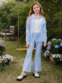 SHEIN 少女三件套：透明欧根纱蝴蝶结衬衫、针织背心、针织喇叭裤、休闲甜美风格 - 彩色 - 查看 6