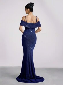 SHEIN Belle Elegant Navy Blue Open Shoulder Off Shoulder Long Sleeve Mermaid Hem Maxi Evening Dress, Bridesmaid Dress, Wedding Guest Dress Music Festival Spring/Summer, Party Dress, Formal Dress,Gown - Navy Blue - View 2