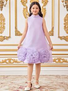 SHEIN Leap Crew Tween Girls Stand Collar Beaded 3D Floral Mesh Sleeveless A-Line Dress, Purple - Purple - View 7