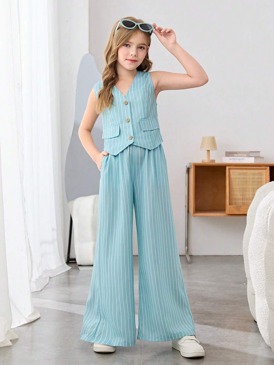 SHEIN Tween Girls' Casual Woven Striped Sleeveless Asymmetrical Hem Tank Top And Relaxed Fit Pencil Pants 2 Pieces Set, Mint Blue, Back To School, French Chic, Fashion Commute