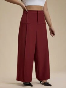 Forever 21 Plus Size Plain Pocket Straight-Leg Casual Pants, Everyday Wear - Burgundy - View 3