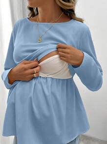 SHEIN 纯色圆领长袖简约哺乳上衣，休闲日常穿着 - 淺藍色 - 查看 5