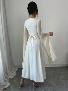 Modelyn Women's Woven Solid Color Splice Crossover Collar Long Sleeve Pleated Dress Fall Cloth For Women - Apricot - View 3