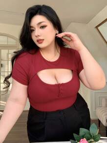 Dazy Plus 大码弹力修身圆领镂空短袖T恤，中国新年，春夏 - 紅色 - 查看 6