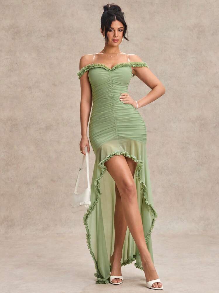 SHEIN BAE Women's Elegant Ruffle Off Shoulder Sleeveless Mesh Ruched Fitted Dress, Suitable For Graduation, Wedding And Bridesmaid Occasions - Green - View 1