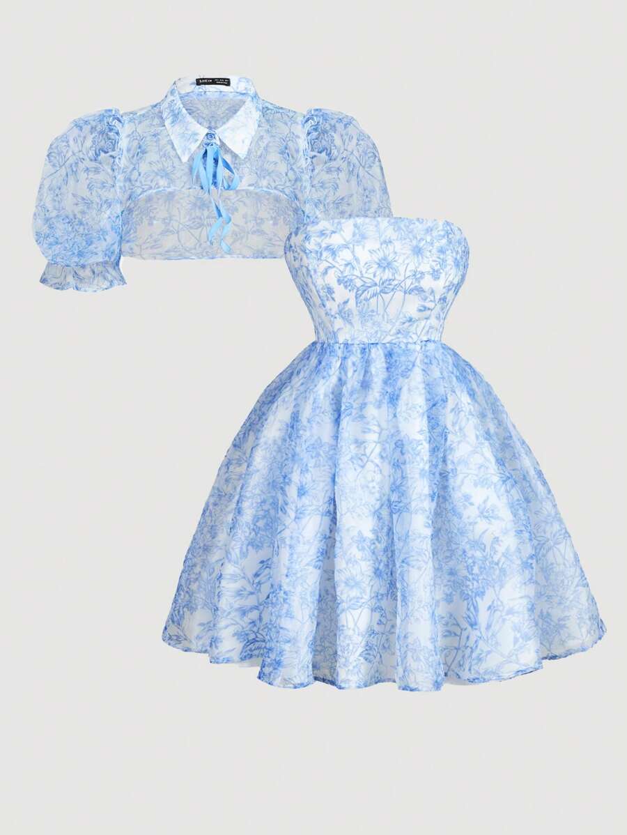 SHEIN MOD Women Floral Print 2 In 1 Tie-Up Organza Dress, Women's Blue And White Print, Organza, Two-Piece Suit, Jacket And Dress, Print Blue Dress (Without White Inside Petticoat), Retro Palace Style Puff Sleeve, Art Series,