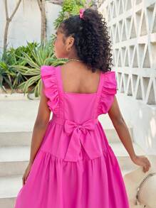 SHEIN Leap Crew SLAYR KIDS Tween Girl Vacation Casual Plain Color Woven Ruffle Sleeve Square Neck Dress - Hot Pink - View 4
