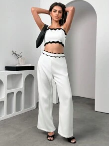 Chiquease 2 Peças/Conjunto Elegante Francês Simples, Camisole Branca e Preta Ondulada Tecida, Calça de Cintura Alta, Novo Lançamento Feminino para Verão - Preto e Branco - Visão 4