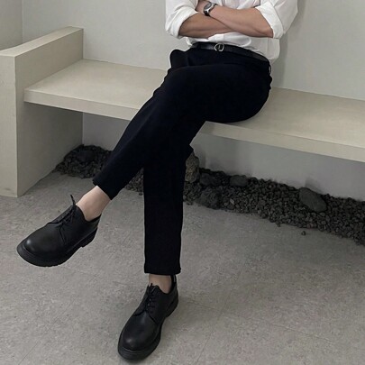 가을 남성용 블랙 솔리드 컬러 스트레이트 레그 정장 바지