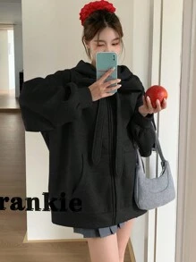 DAZY Women's Hooded Solid Color Bow Decor Long Sleeve Sweatshirt,Fall Women Clothes Jacket - Black - View 1